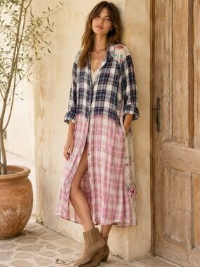 Philosophy Shirt Dress Womens L Plaid Floral Mixed Print Button Front Boho Midi